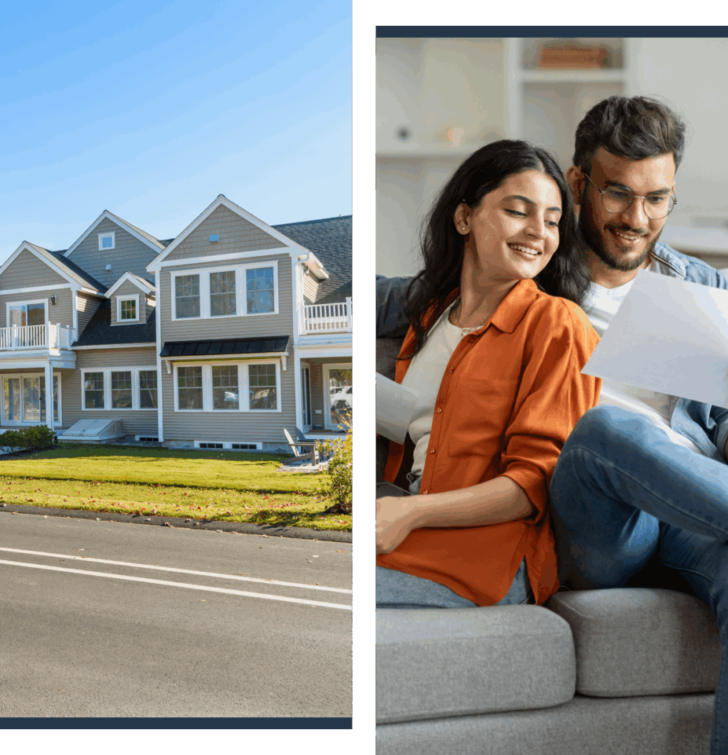 Couple reviewing documents near suburban house.