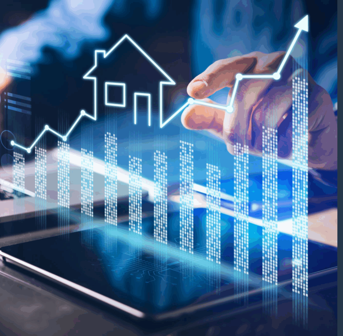 Rising real estate market graph and icons.