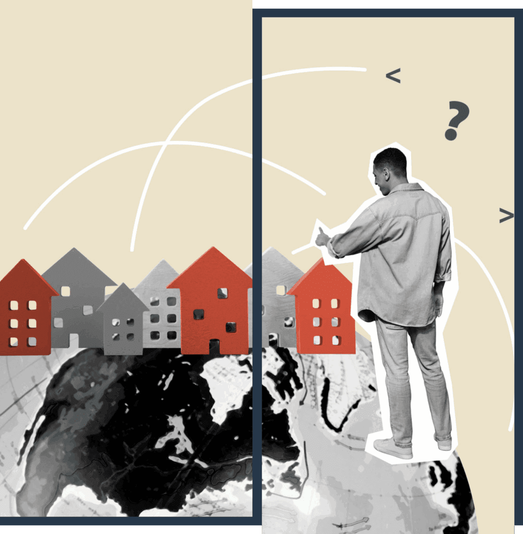 Person pointing at houses on globe illustration.
