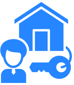 Person, house, and key icon, blue.
