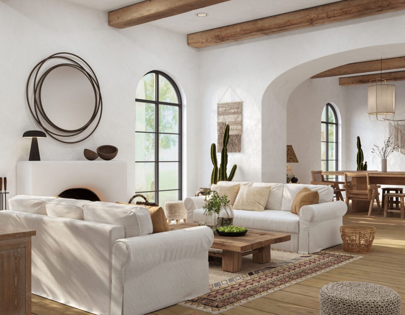 Stylish living room with white sofas, decor.