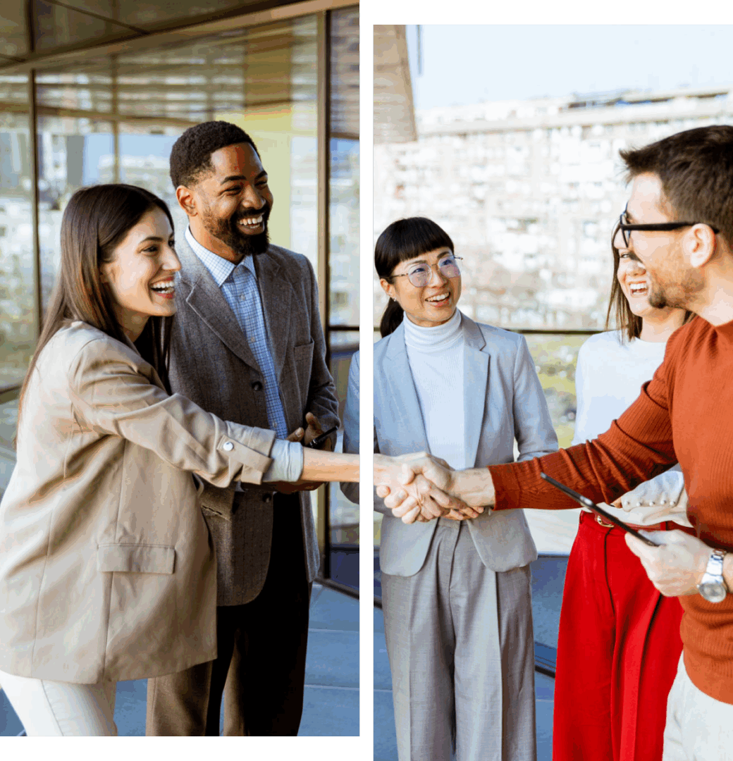 People shaking hands in a business setting.