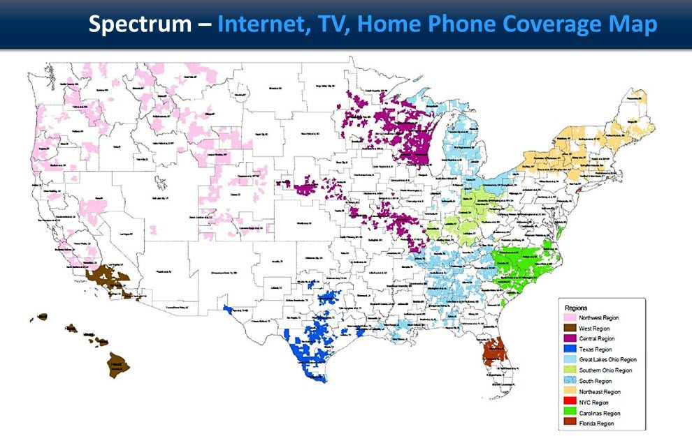 Map showing Spectrum's coverage areas for internet, TV, and phone services in the U.S.